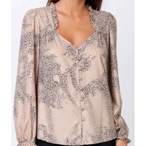 Anthropologie Current Air Top‎ Blouse Medium Cheetah Long Puff Sleeves Metallic
